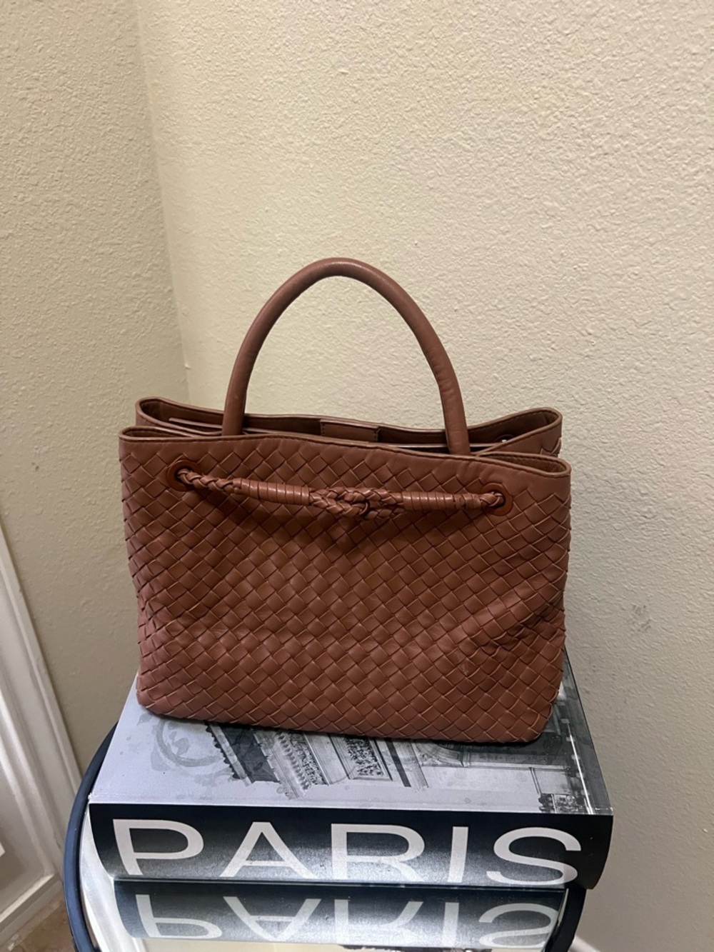 Woven Leather Tote Bag in Brown